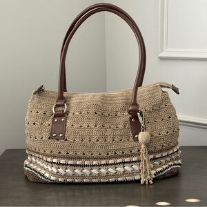 Vintage Hand Crochet Handbag Tan and Brown